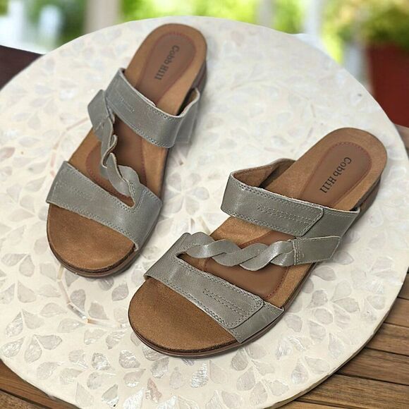 Cobb Hill May Leather Asymmetrical Slide Sandals Women’s 8 X Wide Sage Comfort - Picture 12 of 13